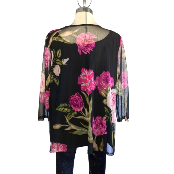 VICTORIA COLLECTION Black Mesh And Pink Floral Elegant Blouse Size Plus XXL - Picture 5 of 13